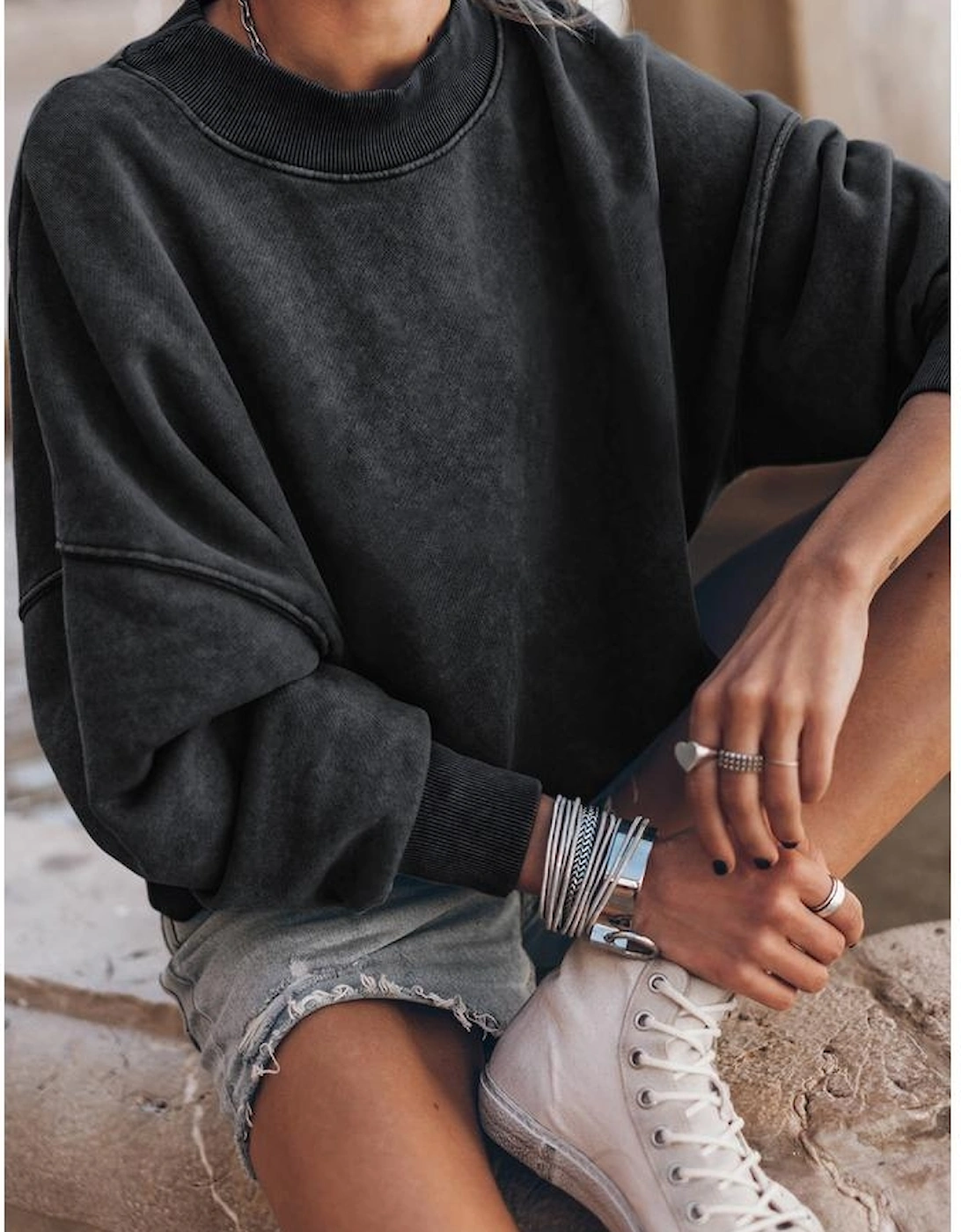 Black Drop Shoulder Crew Neck Pullover Sweatshirt