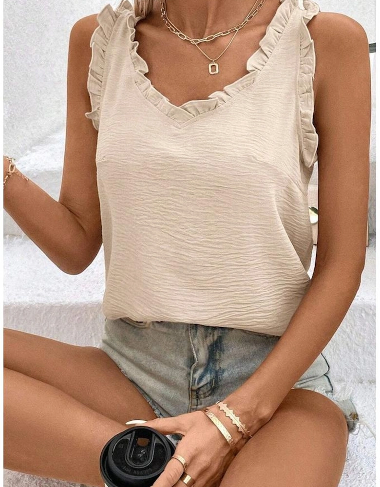 Parchment Textured Frilly Trim V Neck Sleeveless Top