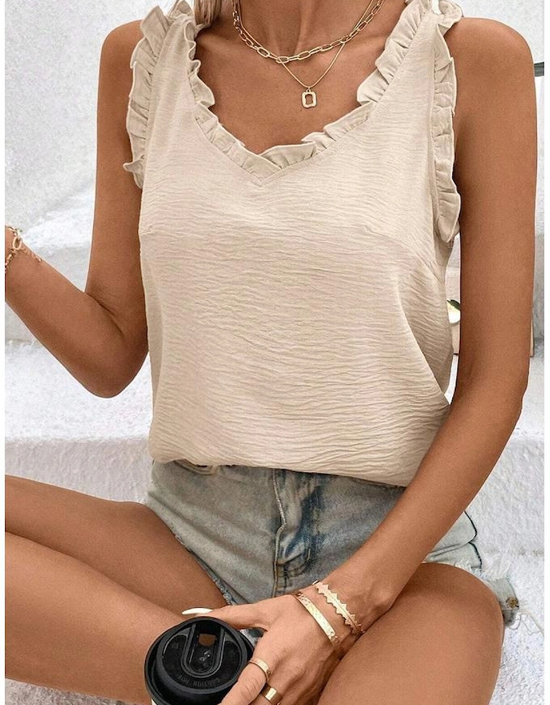 Parchment Textured Frilly Trim V Neck Sleeveless Top