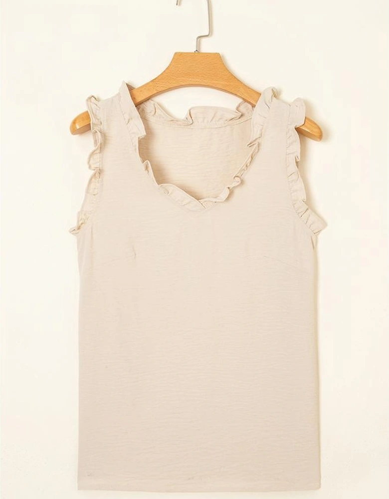 Parchment Textured Frilly Trim V Neck Sleeveless Top