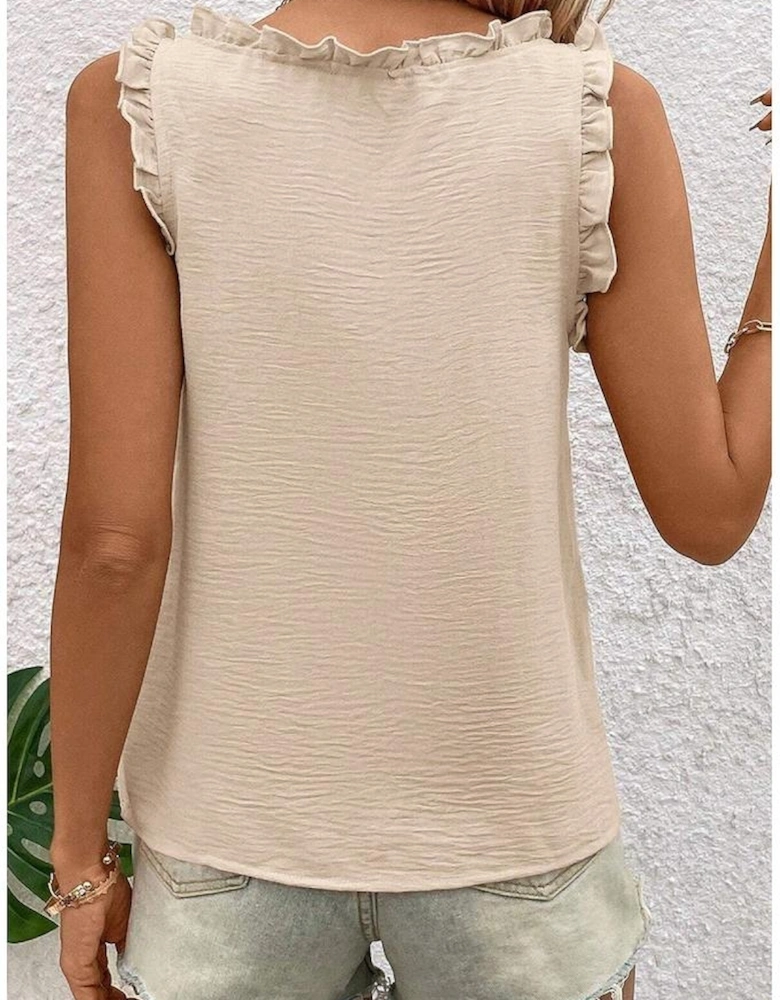 Parchment Textured Frilly Trim V Neck Sleeveless Top