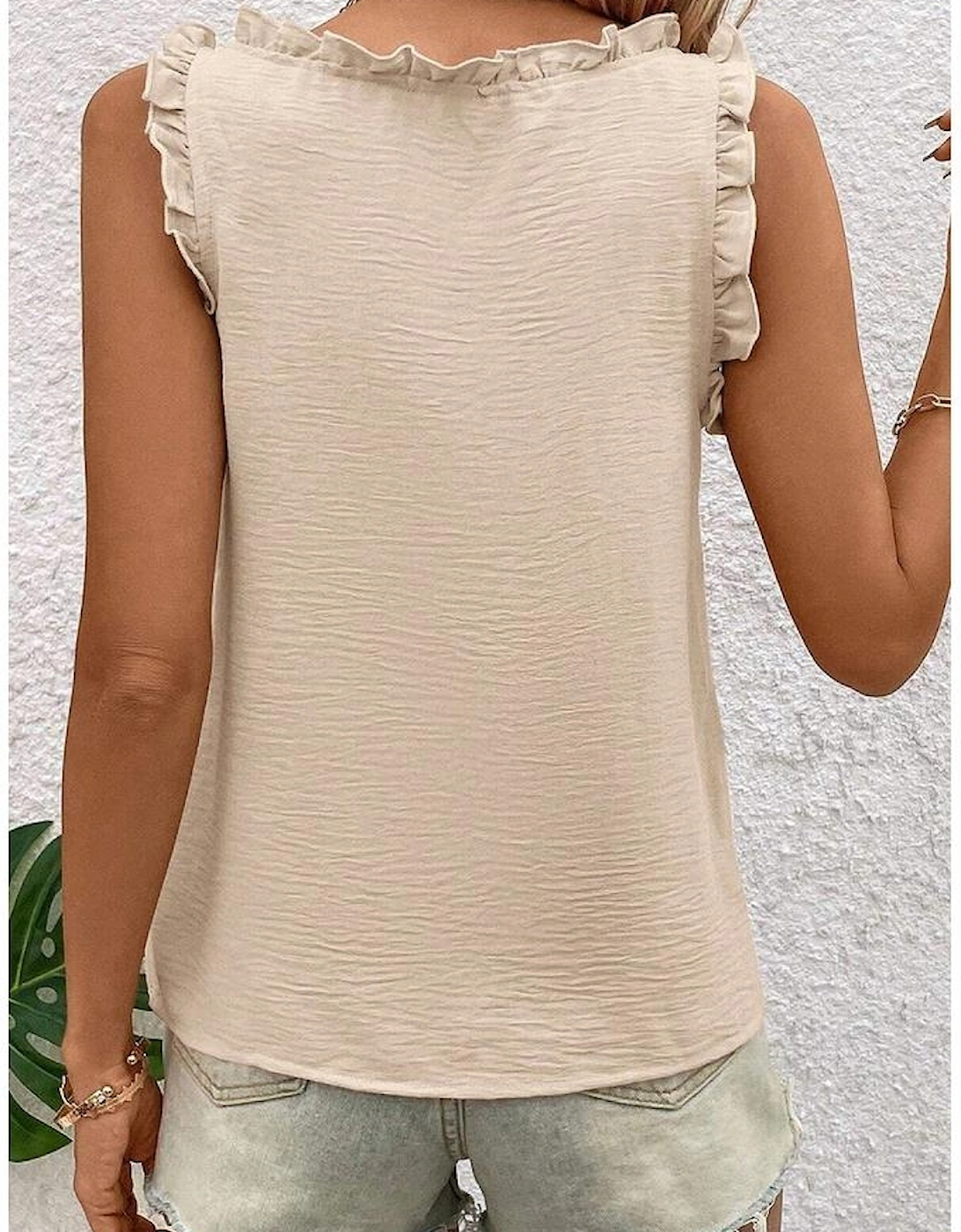 Parchment Textured Frilly Trim V Neck Sleeveless Top, 11 of 10