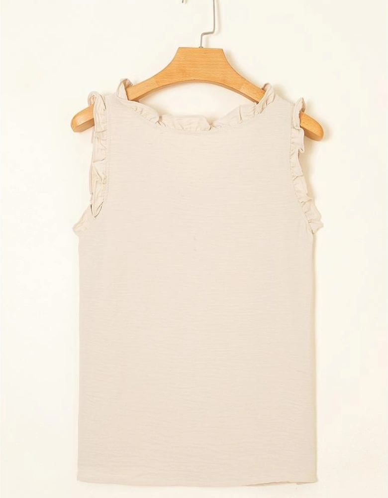Parchment Textured Frilly Trim V Neck Sleeveless Top