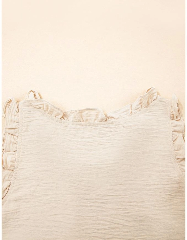 Parchment Textured Frilly Trim V Neck Sleeveless Top