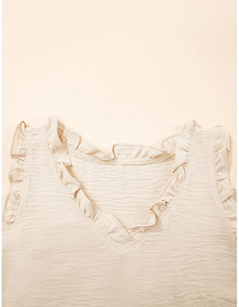 Parchment Textured Frilly Trim V Neck Sleeveless Top