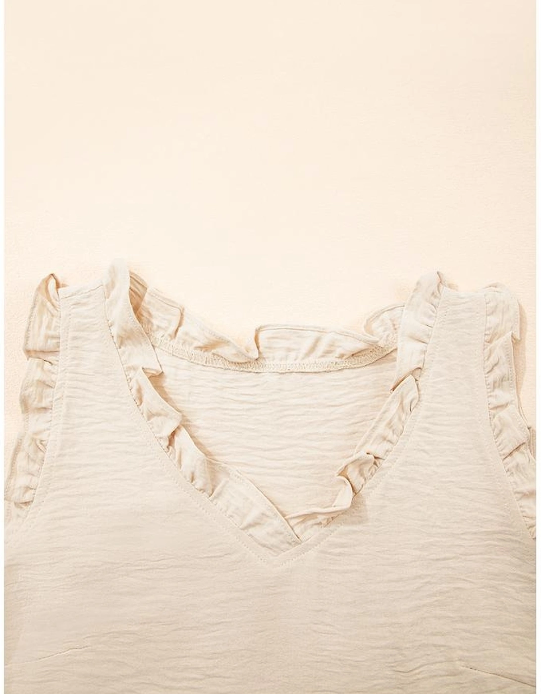 Parchment Textured Frilly Trim V Neck Sleeveless Top
