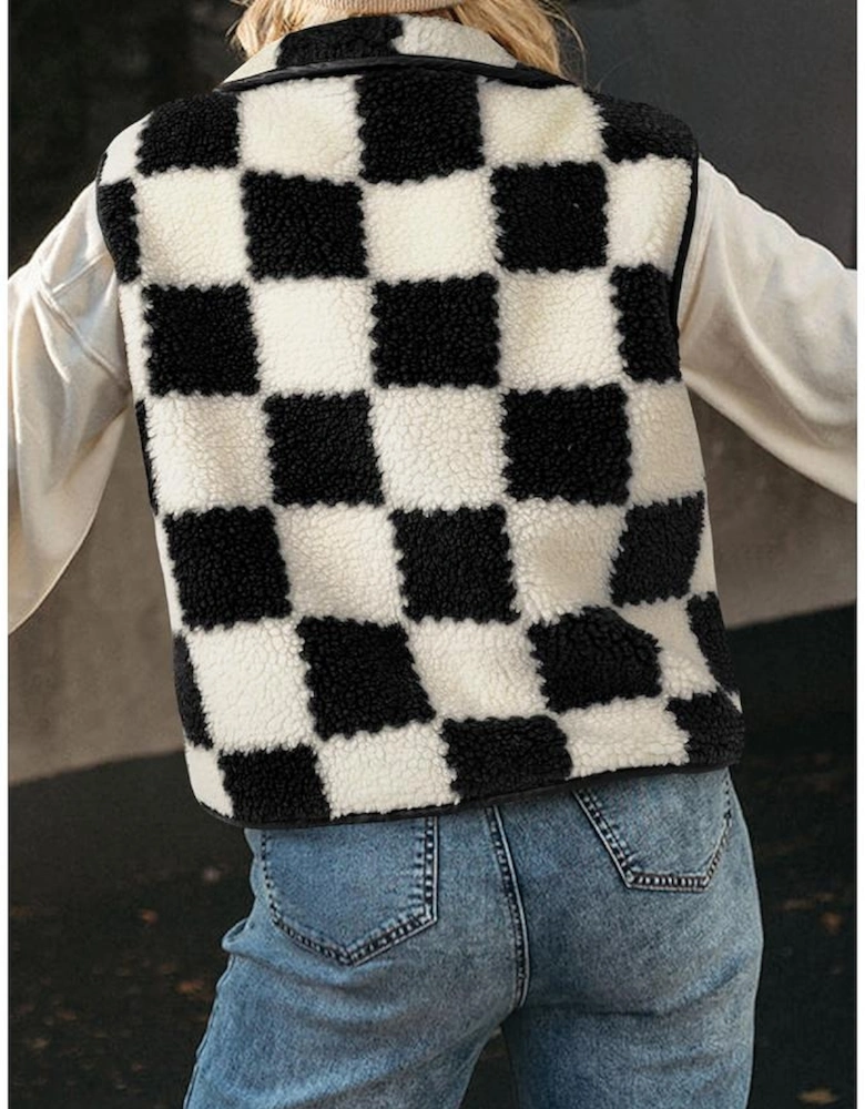 Black Checkered Sherpa Collared Jacket Vest