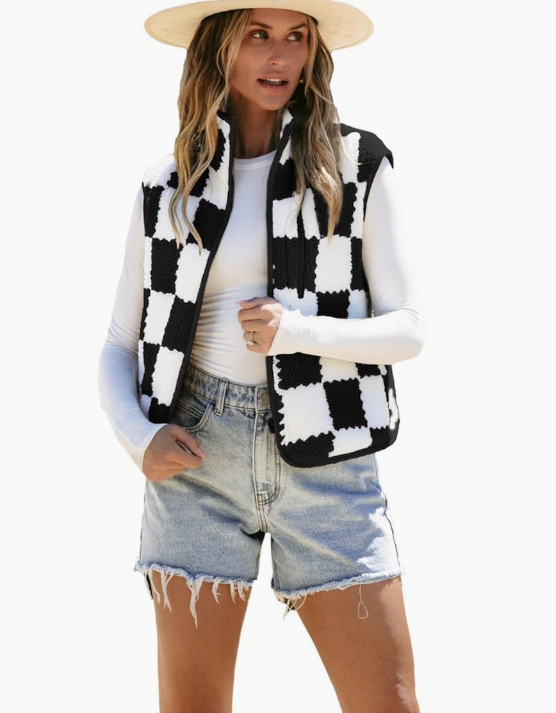 Black Checkered Sherpa Collared Jacket Vest