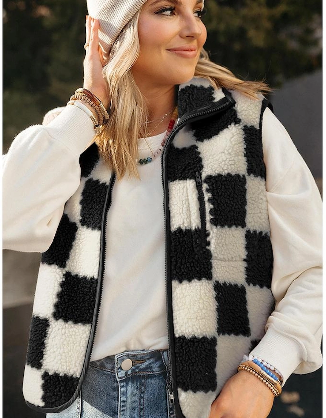 Black Checkered Sherpa Collared Jacket Vest