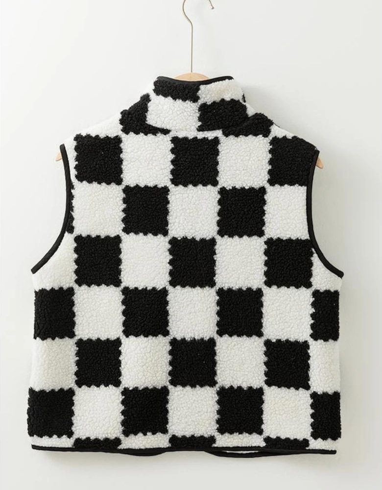 Black Checkered Sherpa Collared Jacket Vest