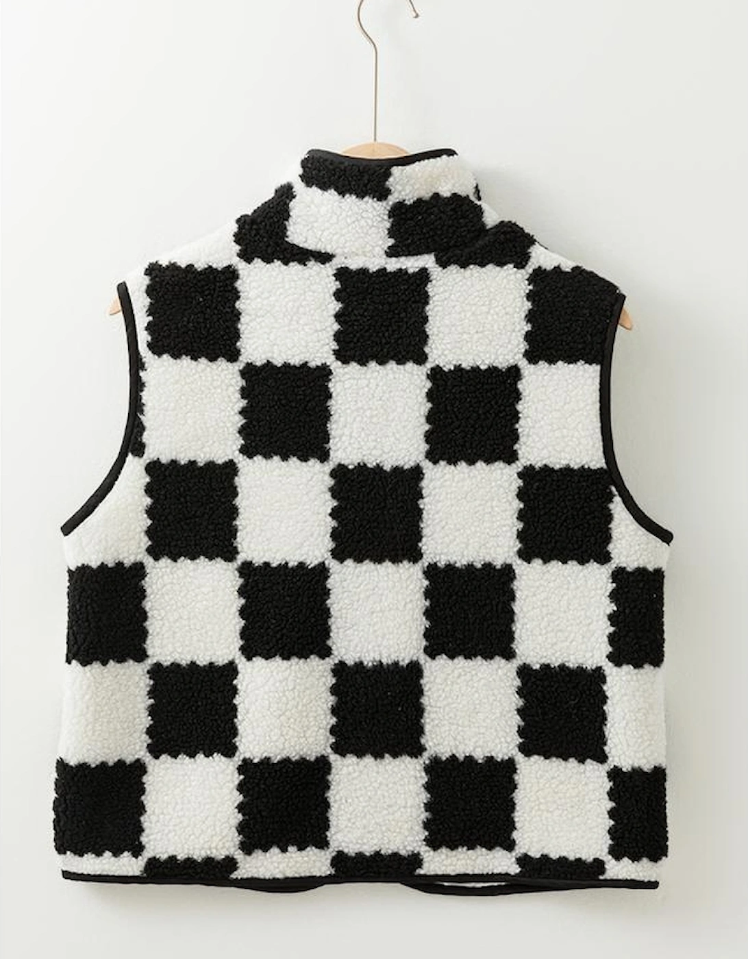 Black Checkered Sherpa Collared Jacket Vest
