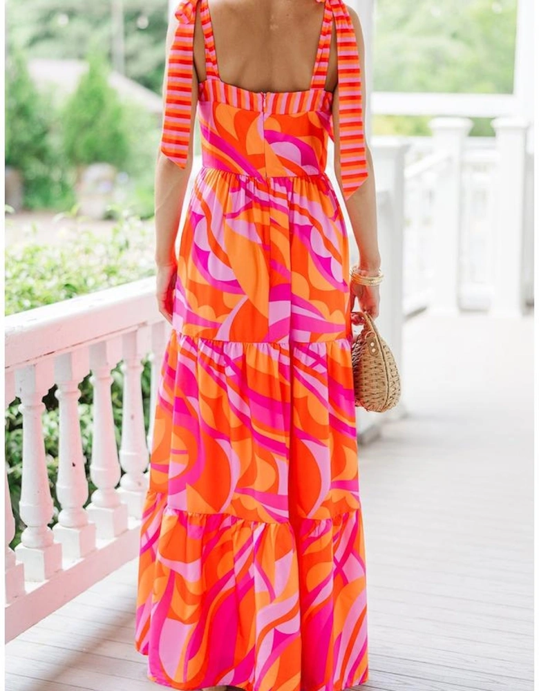 Red Abstract Print Knotted Shoulder High Waist Maxi Dress