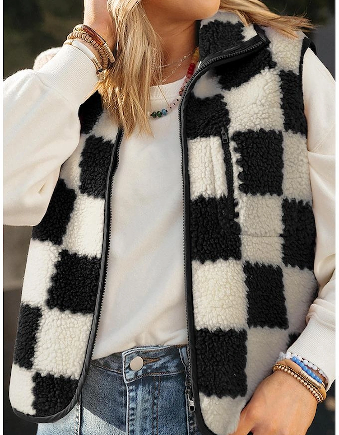 Black Checkered Sherpa Collared Jacket Vest