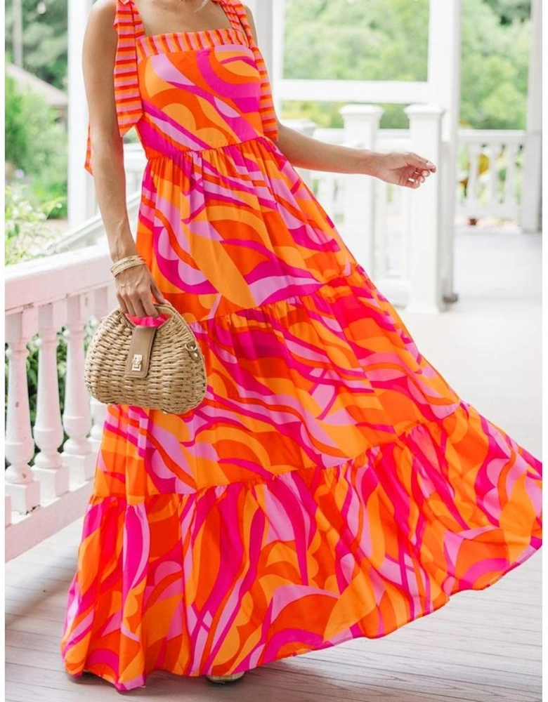 Red Abstract Print Knotted Shoulder High Waist Maxi Dress