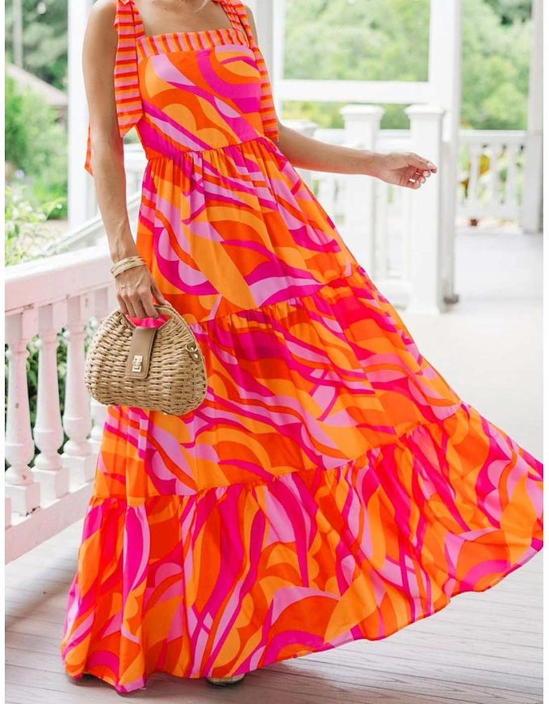 Red Abstract Print Knotted Shoulder High Waist Maxi Dress, 14 of 13