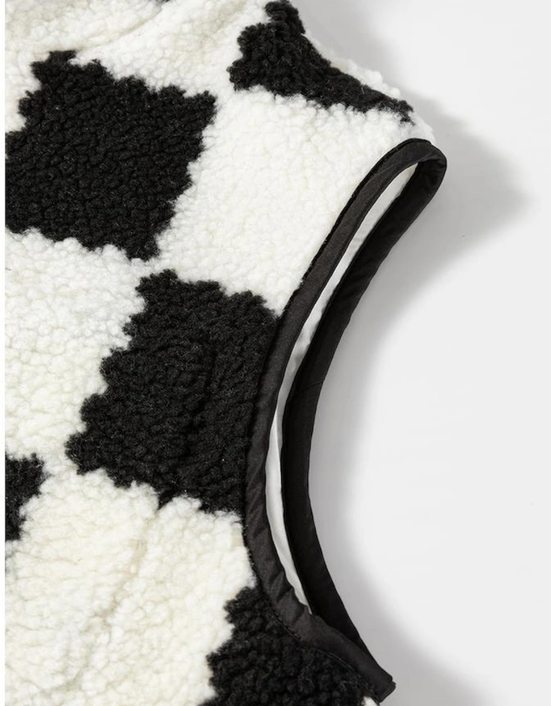 Black Checkered Sherpa Collared Jacket Vest