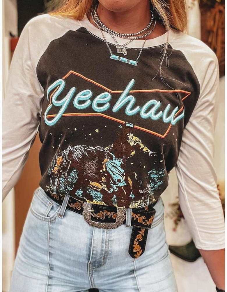Brown Western Yeehaw Graphic Vintage Raglan Long Sleeve Top