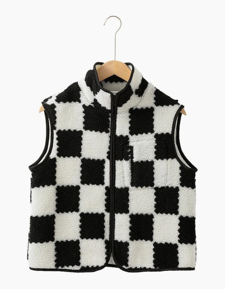 Black Checkered Sherpa Collared Jacket Vest