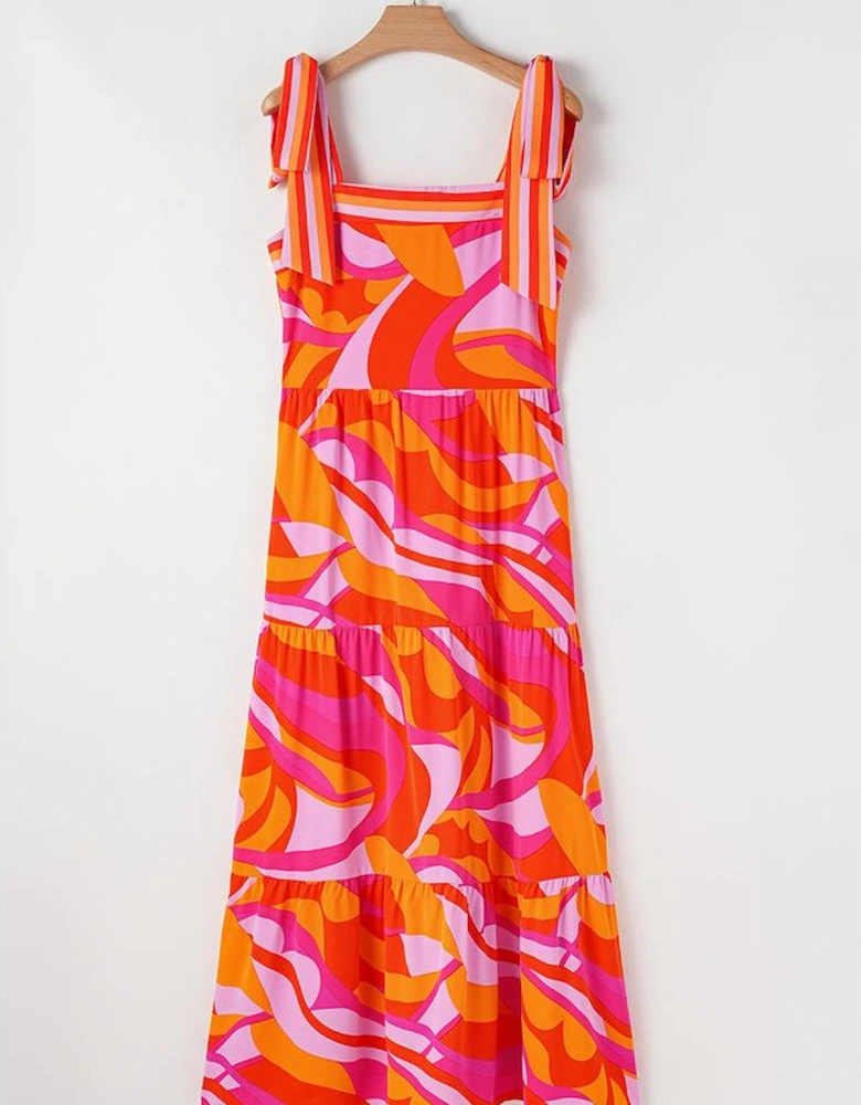 Red Abstract Print Knotted Shoulder High Waist Maxi Dress