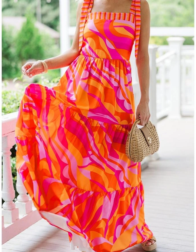 Red Abstract Print Knotted Shoulder High Waist Maxi Dress