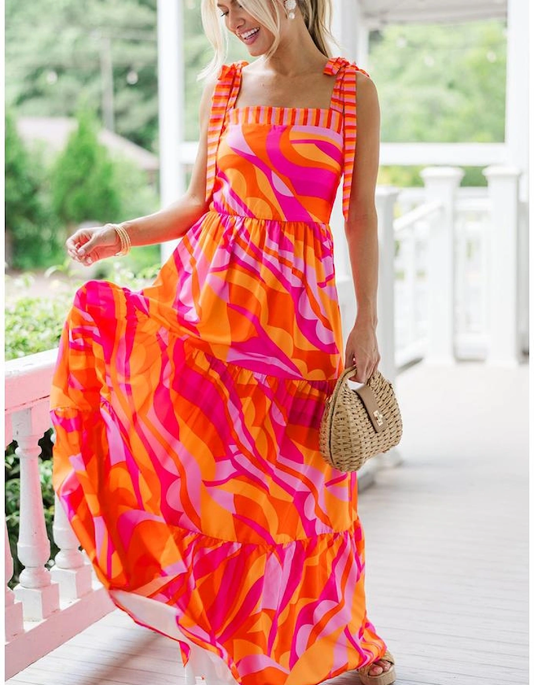 Red Abstract Print Knotted Shoulder High Waist Maxi Dress