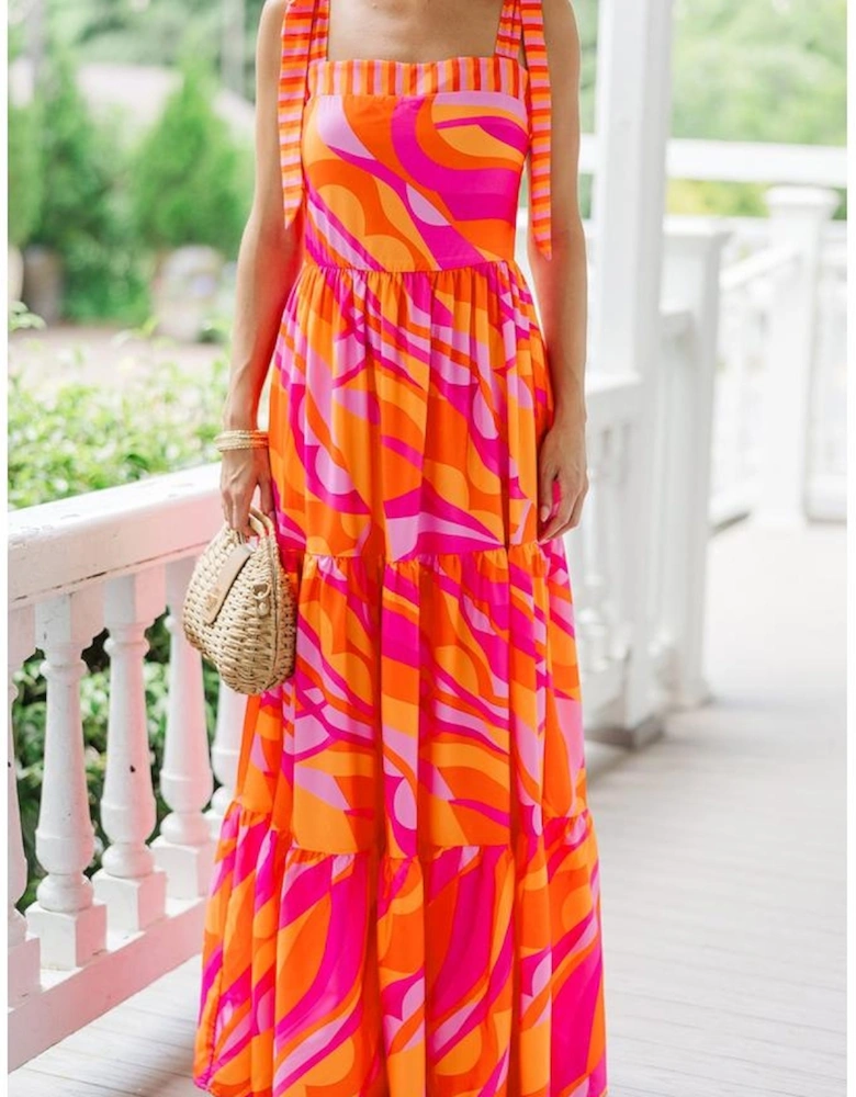 Red Abstract Print Knotted Shoulder High Waist Maxi Dress