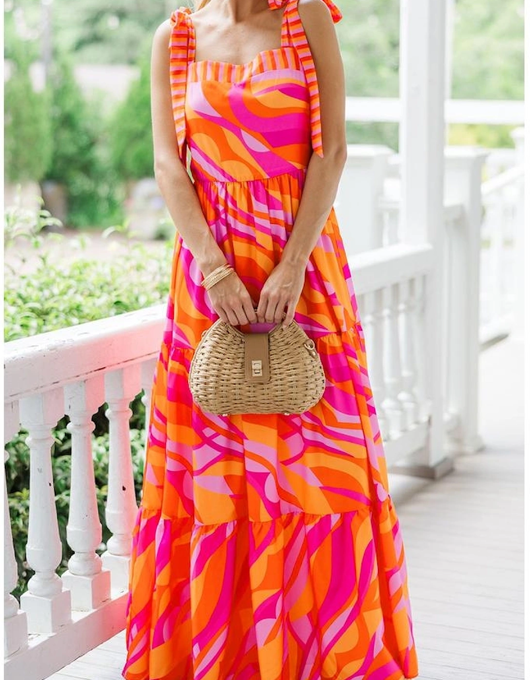 Red Abstract Print Knotted Shoulder High Waist Maxi Dress