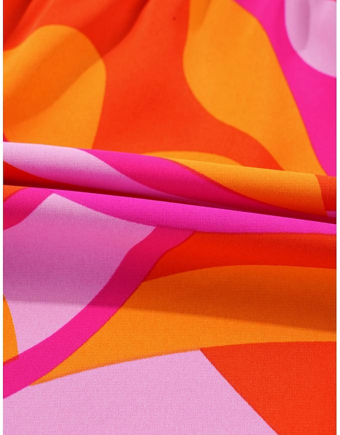 Red Abstract Print Knotted Shoulder High Waist Maxi Dress