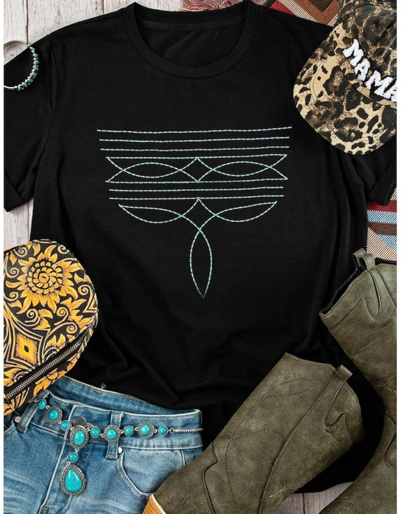 Black Western Fashion Geometric Embroidered T Shirt