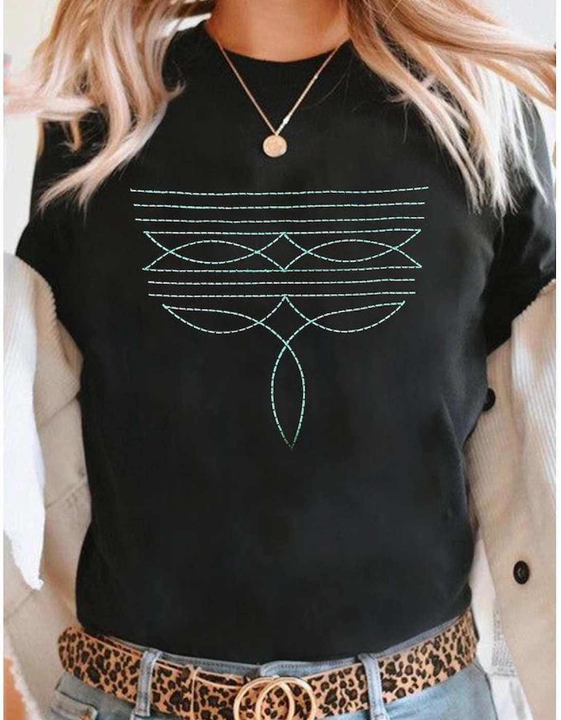 Black Western Fashion Geometric Embroidered T Shirt