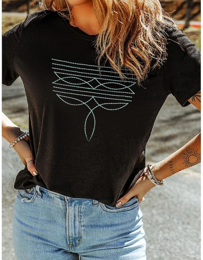 Black Western Fashion Geometric Embroidered T Shirt