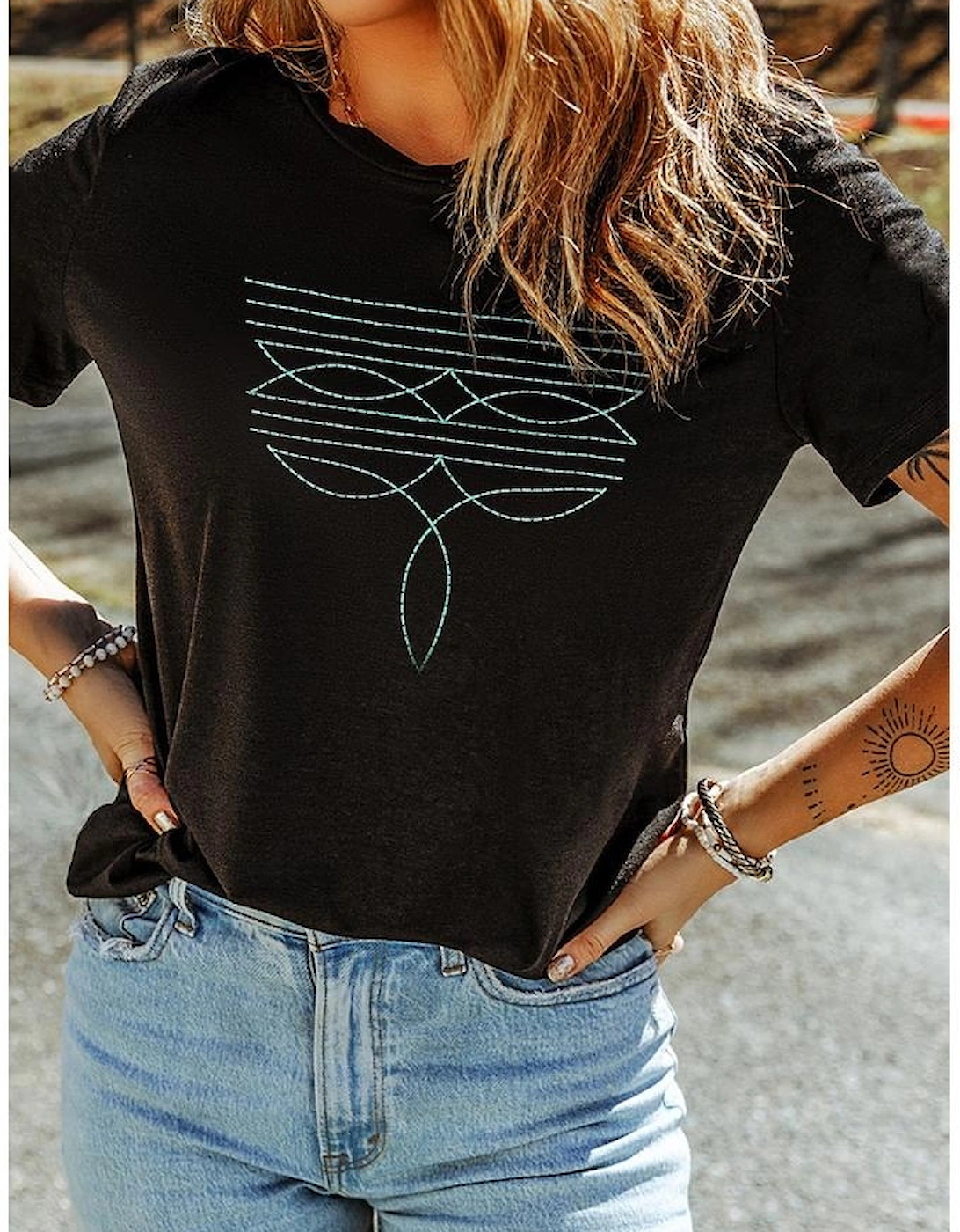 Black Western Fashion Geometric Embroidered T Shirt