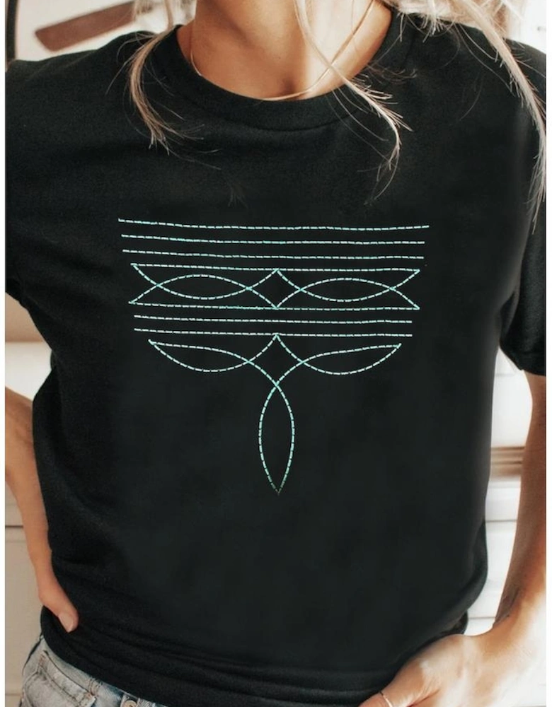 Black Western Fashion Geometric Embroidered T Shirt