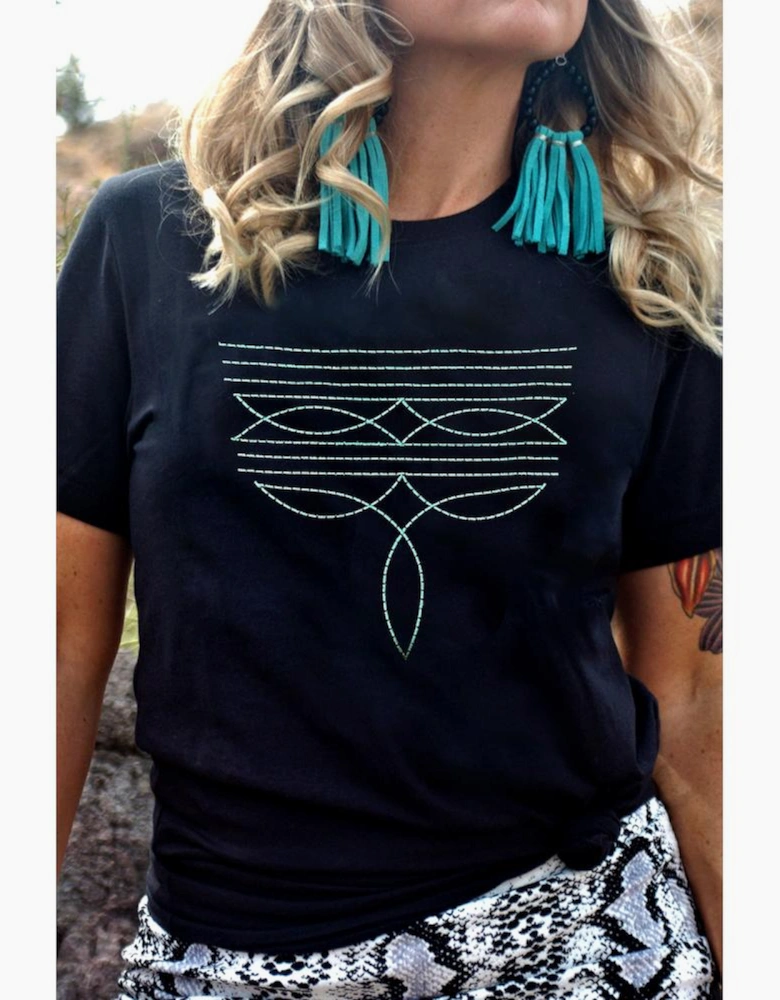 Black Western Fashion Geometric Embroidered T Shirt