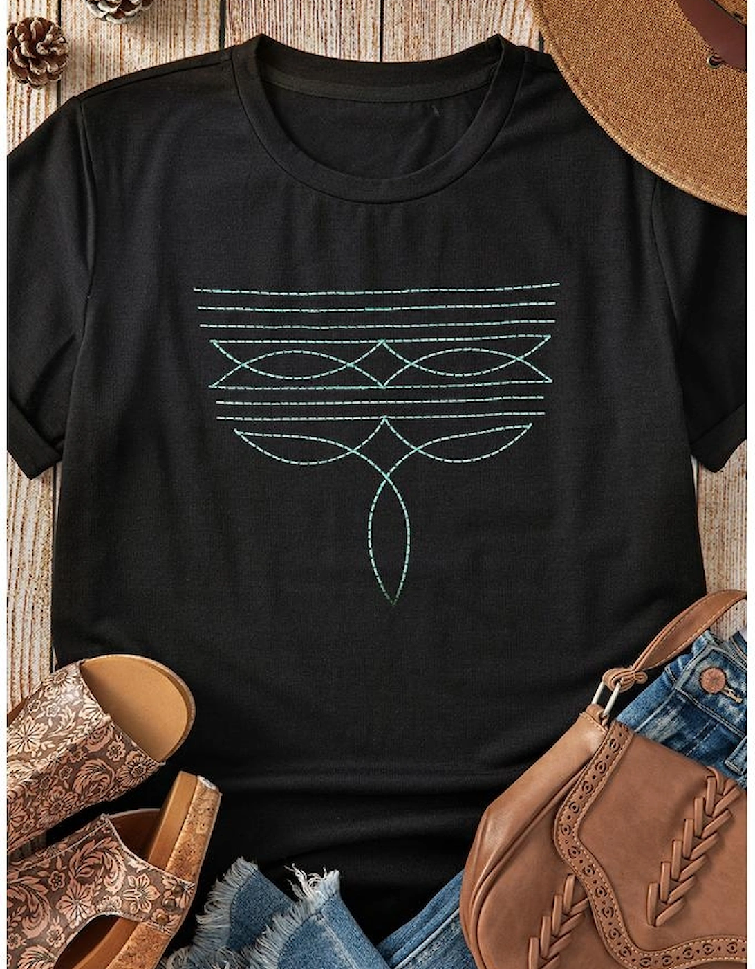 Black Western Fashion Geometric Embroidered T Shirt