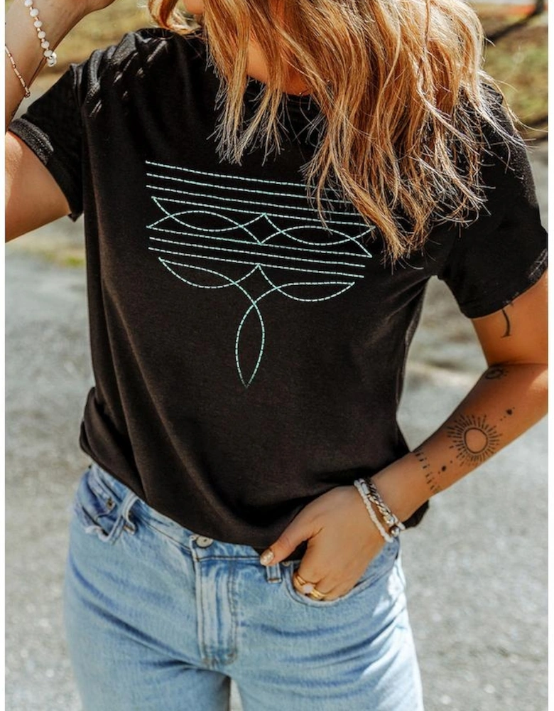 Black Western Fashion Geometric Embroidered T Shirt
