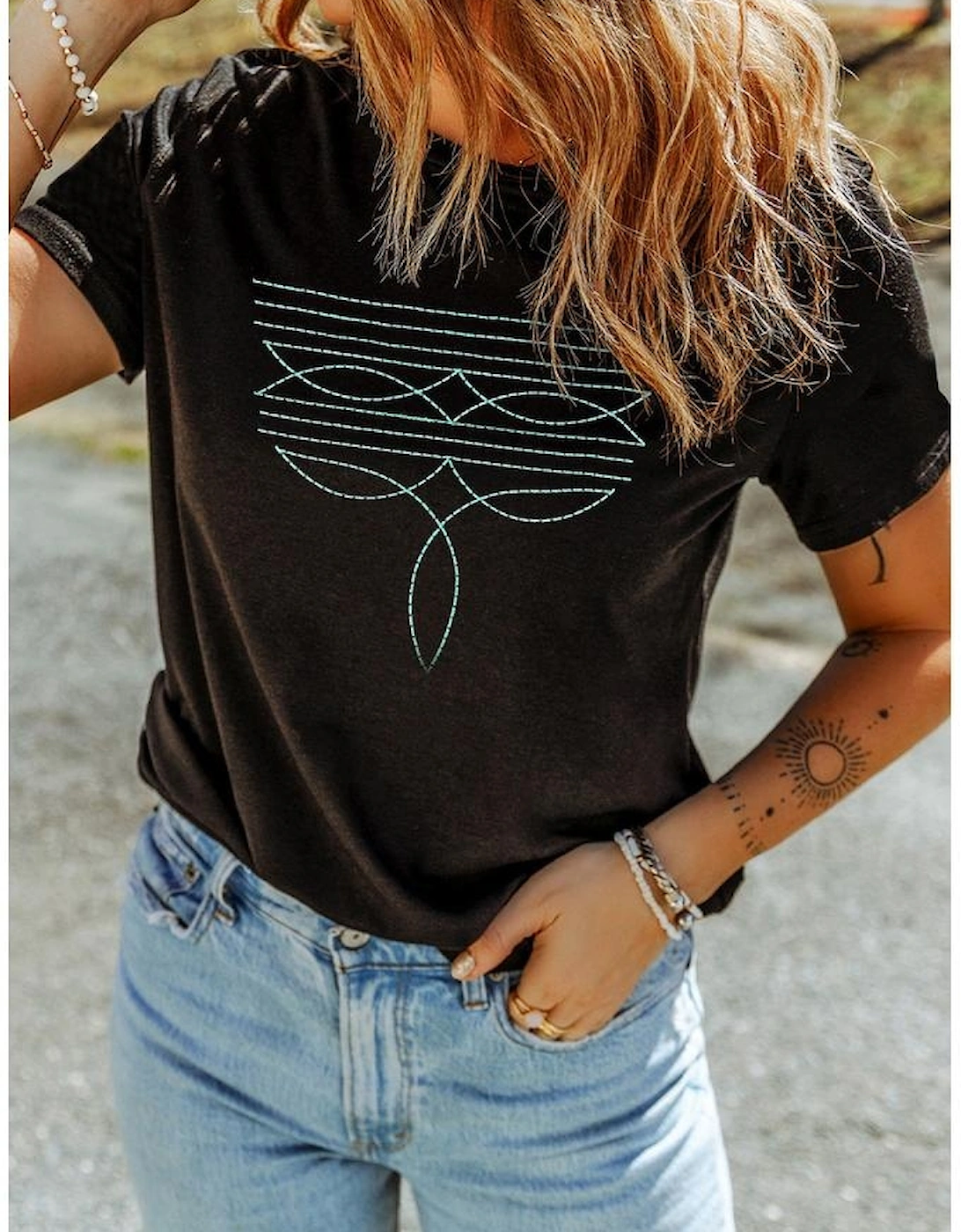 Black Western Fashion Geometric Embroidered T Shirt