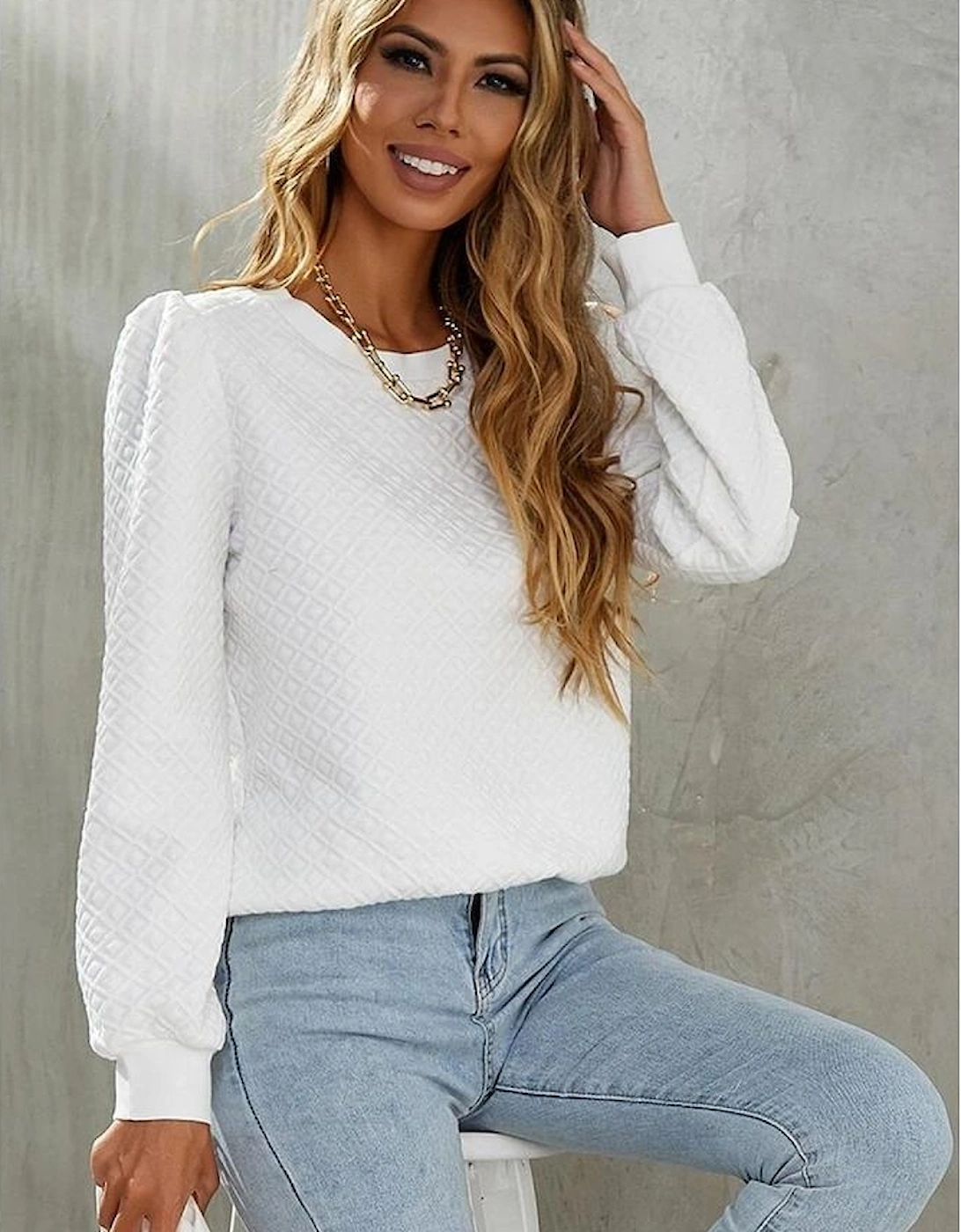 White Textured Puff Long Sleeve Round Neck Top