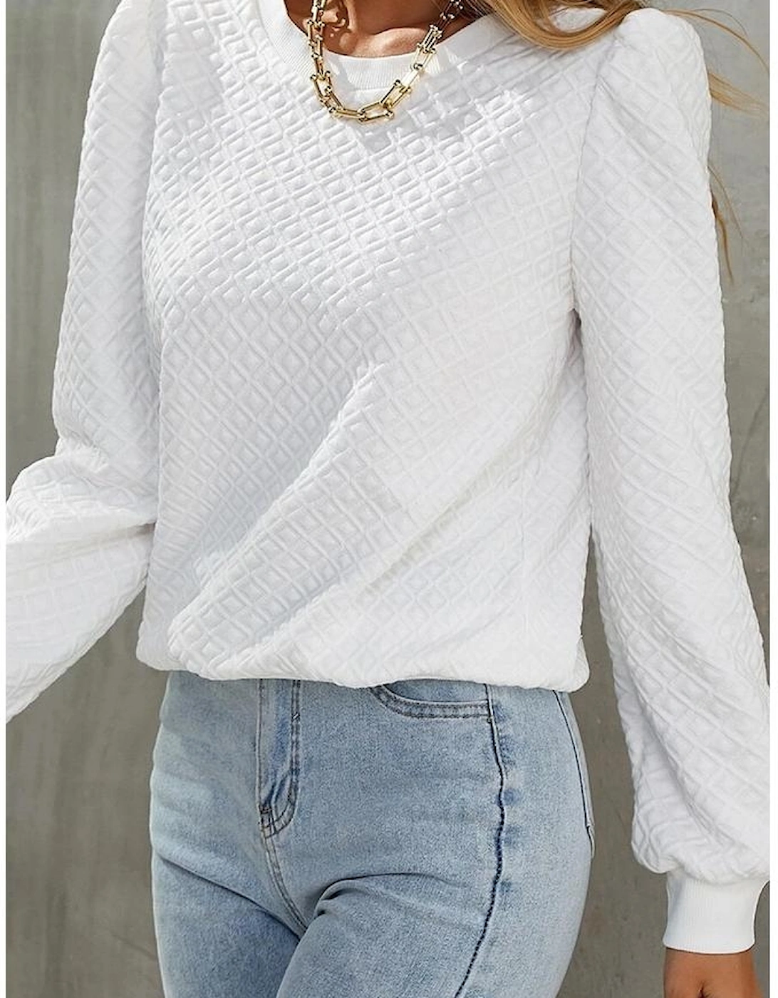 White Textured Puff Long Sleeve Round Neck Top