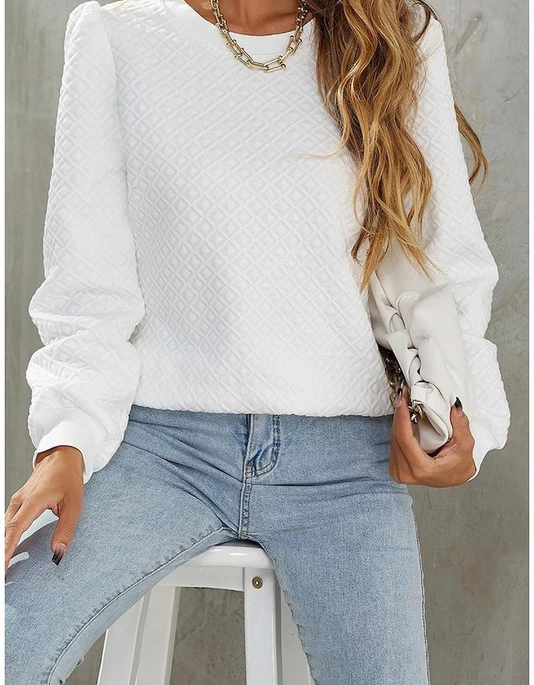 White Textured Puff Long Sleeve Round Neck Top