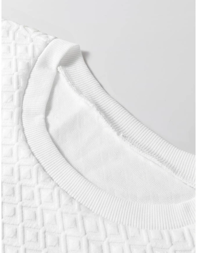 White Textured Puff Long Sleeve Round Neck Top