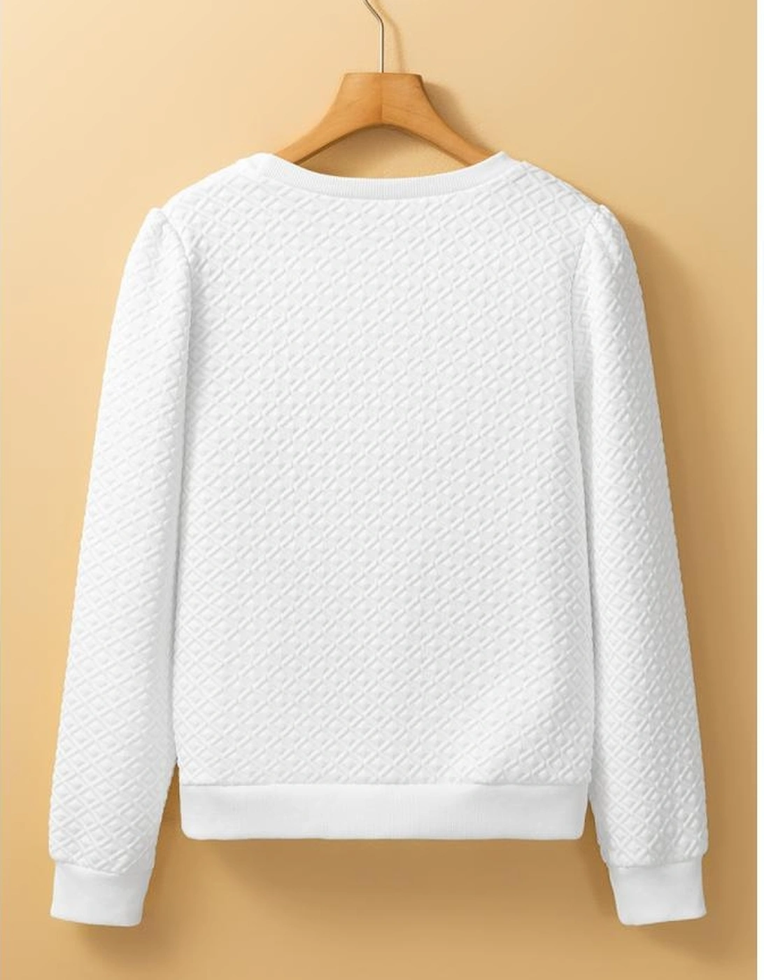White Textured Puff Long Sleeve Round Neck Top