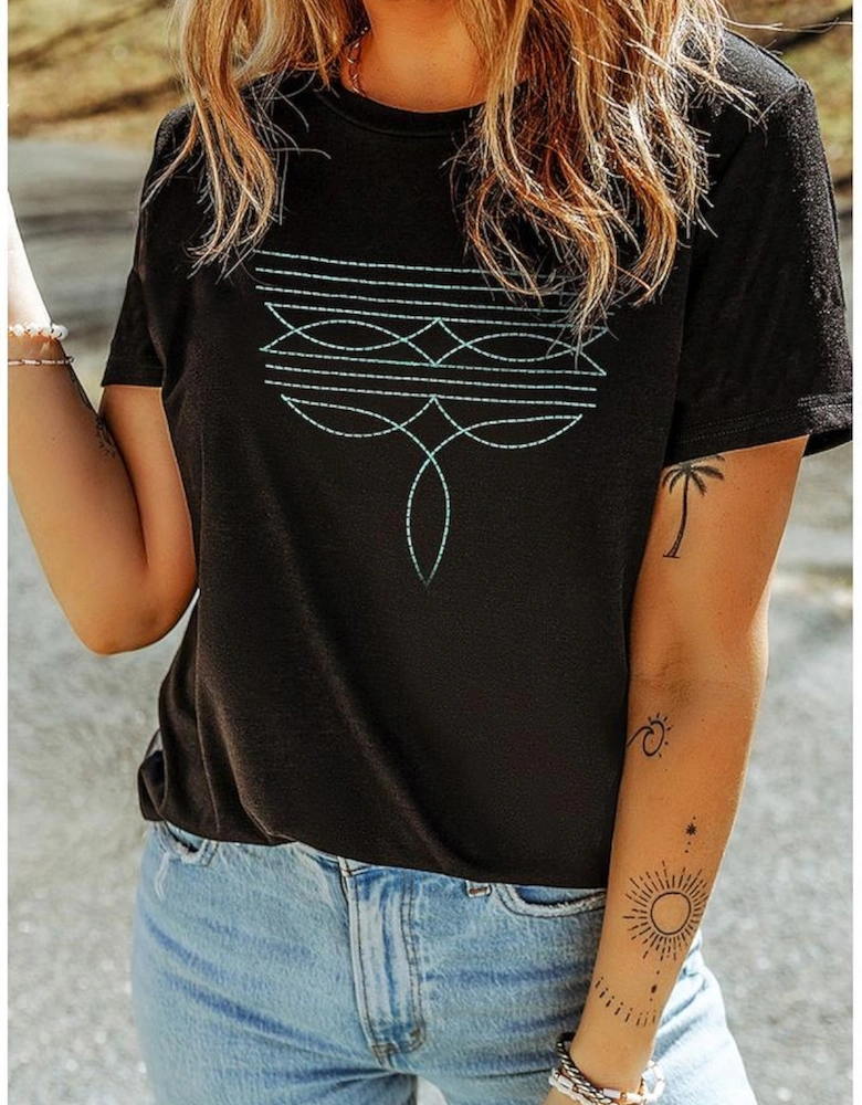 Black Western Fashion Geometric Embroidered T Shirt