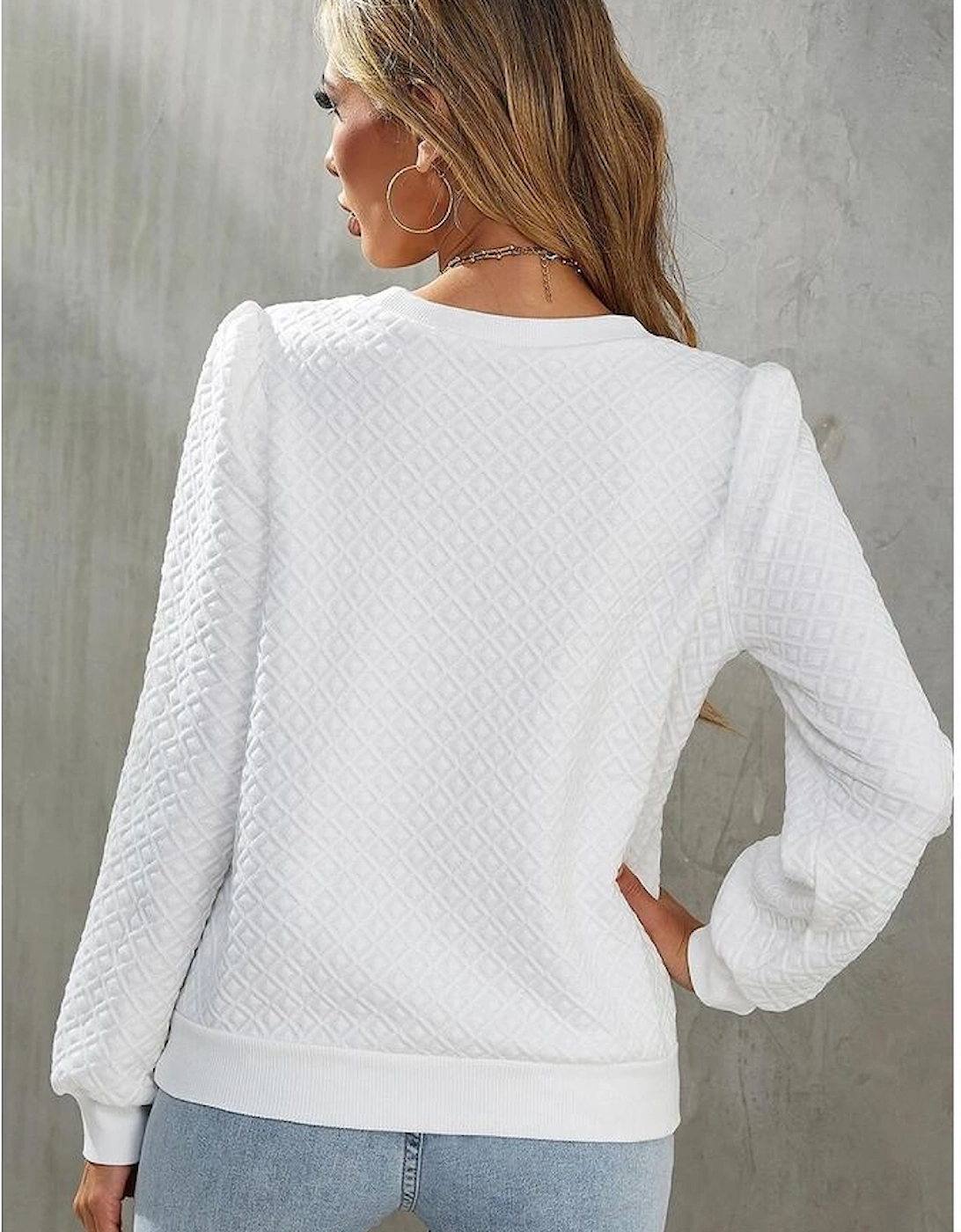 White Textured Puff Long Sleeve Round Neck Top