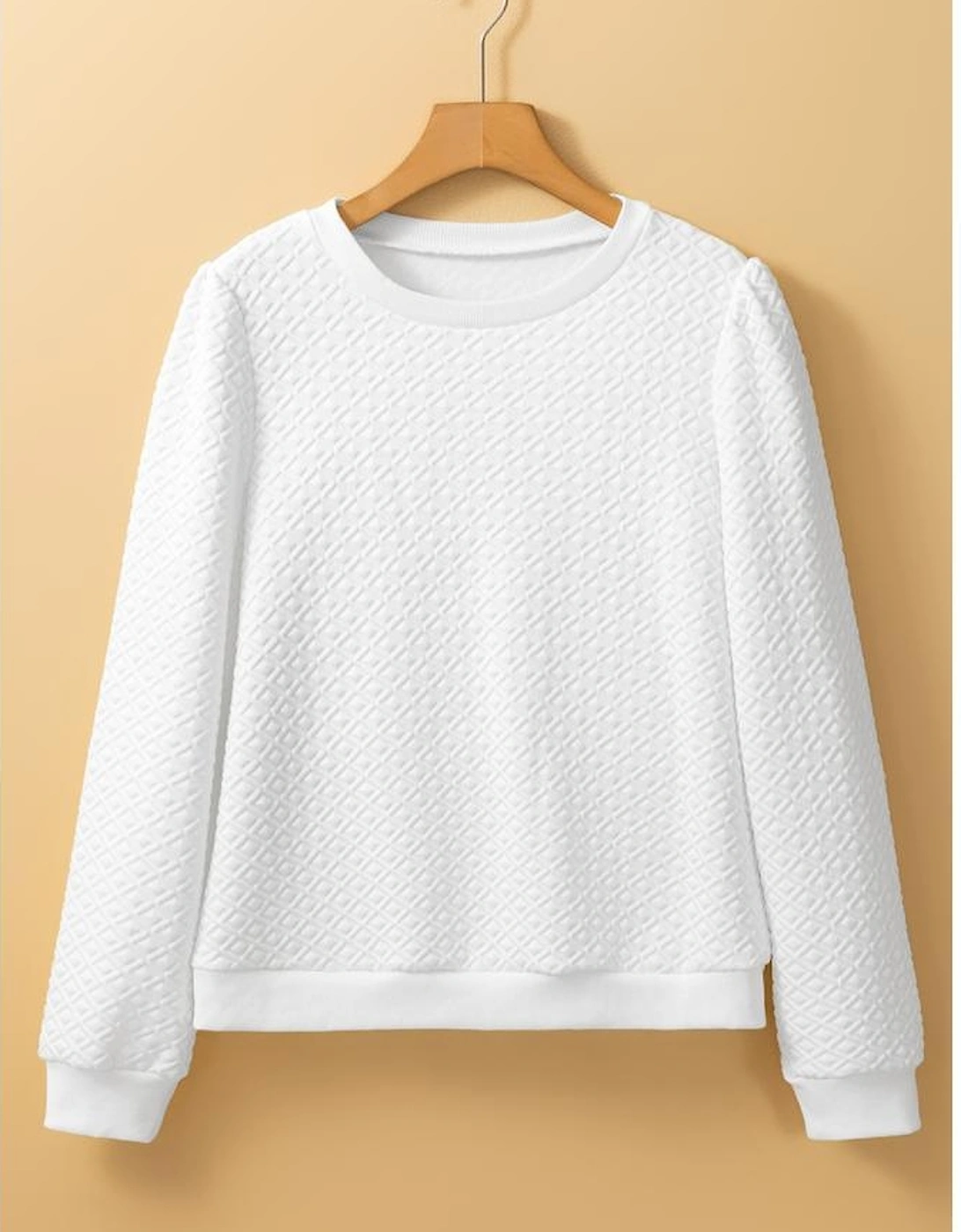 White Textured Puff Long Sleeve Round Neck Top