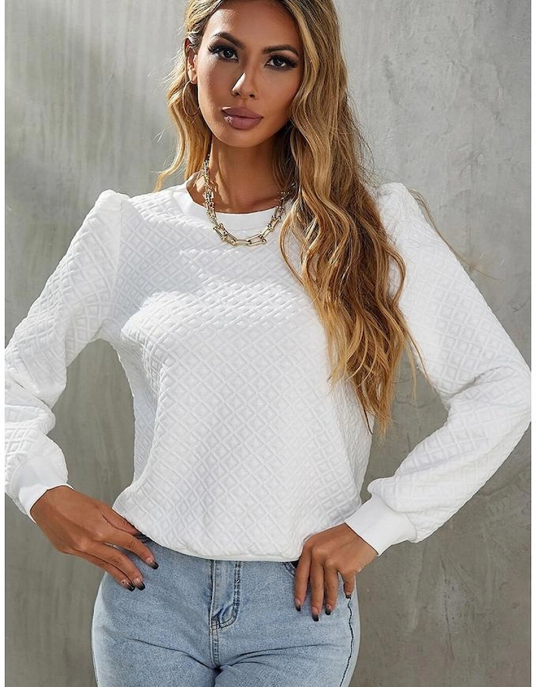 White Textured Puff Long Sleeve Round Neck Top