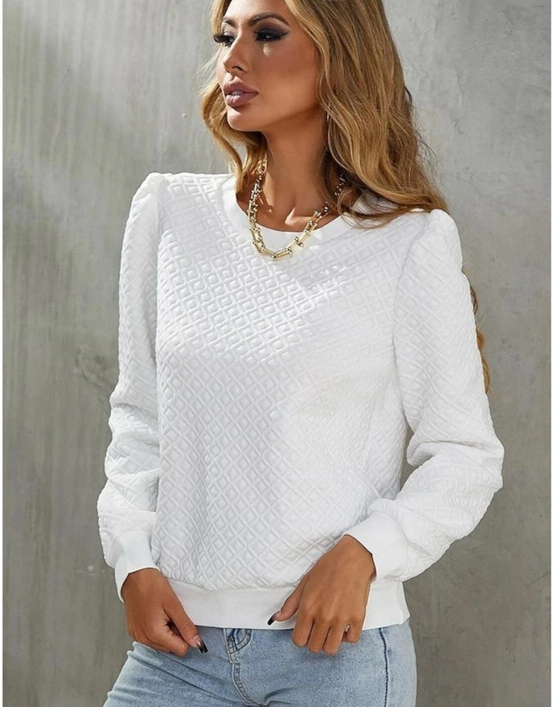 White Textured Puff Long Sleeve Round Neck Top