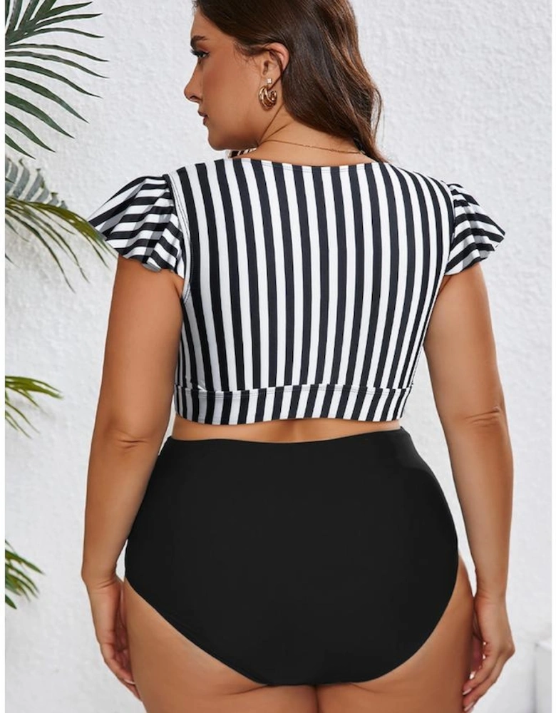 Black Stripe Plus Size Knot Cutout Ruffle Sleeve and High Waisted 2pcs Swimsuit