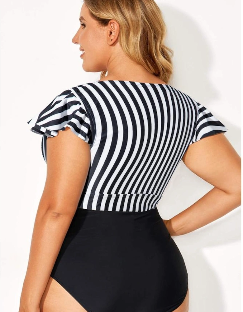 Black Stripe Plus Size Knot Cutout Ruffle Sleeve and High Waisted 2pcs Swimsuit