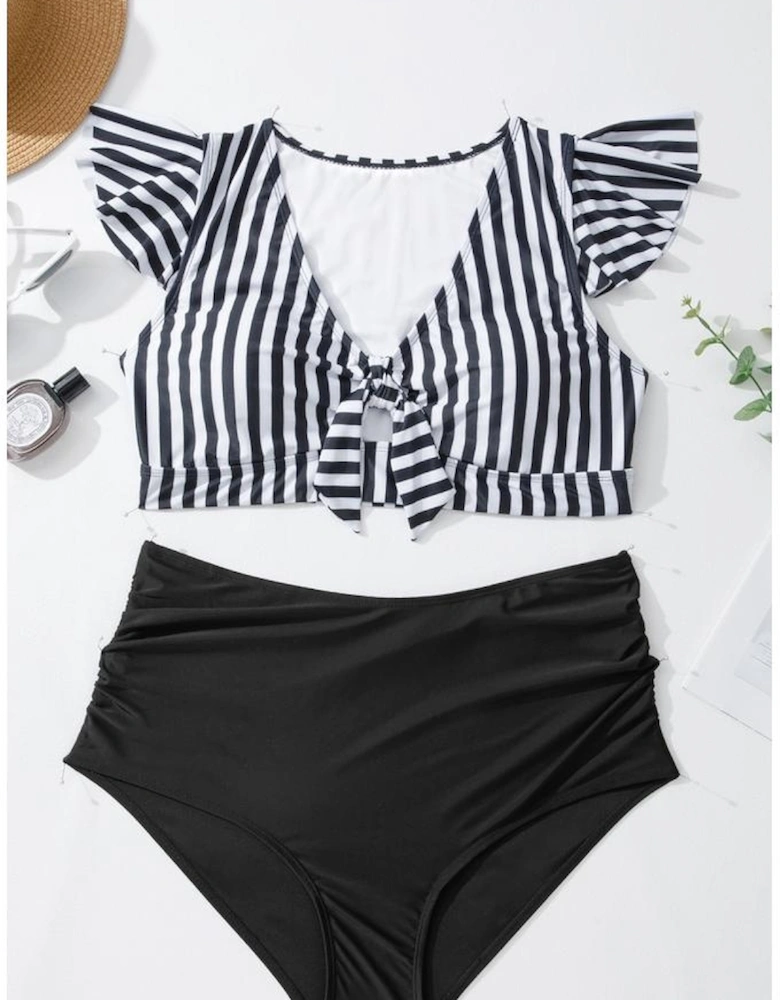 Black Stripe Plus Size Knot Cutout Ruffle Sleeve and High Waisted 2pcs Swimsuit